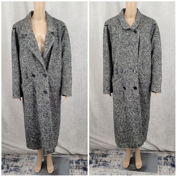 Vintage Wool Women's Gray Herringbone Longline Double Breasted Coat - Picture 4 of 13